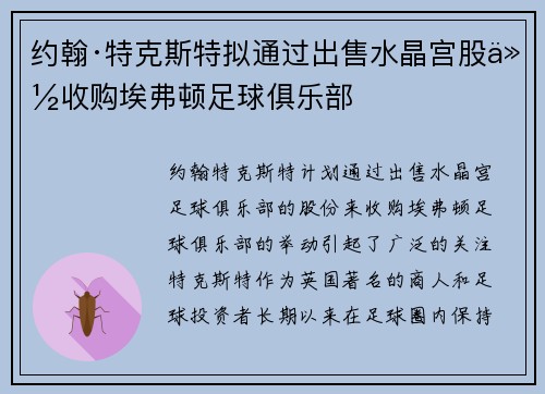 约翰·特克斯特拟通过出售水晶宫股份收购埃弗顿足球俱乐部 约翰·特克斯特拟通过出售水晶宫股份收购埃弗顿足球俱乐部